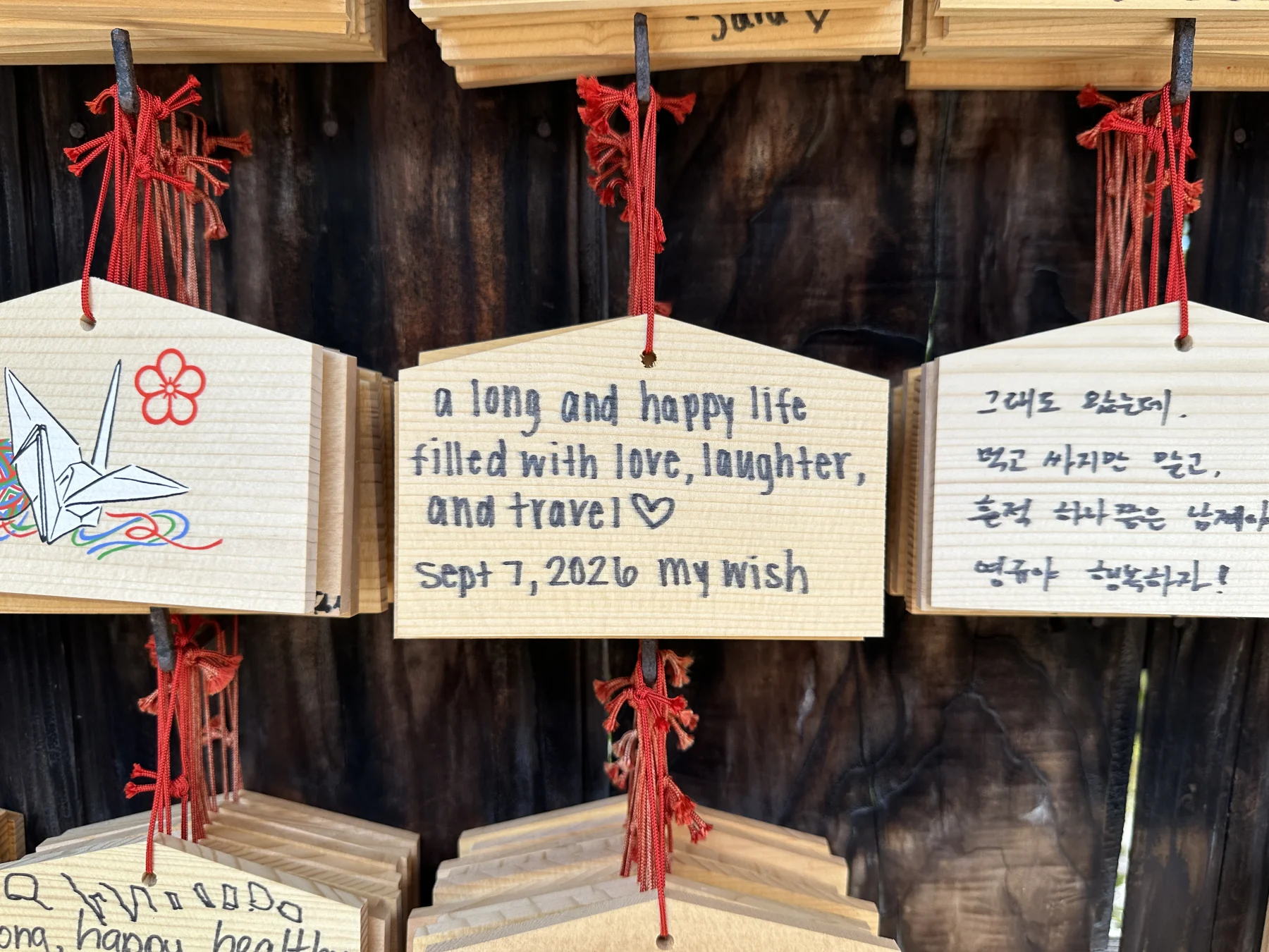 Handwritten wishes on wooden ema plaques hanging at a shrine
